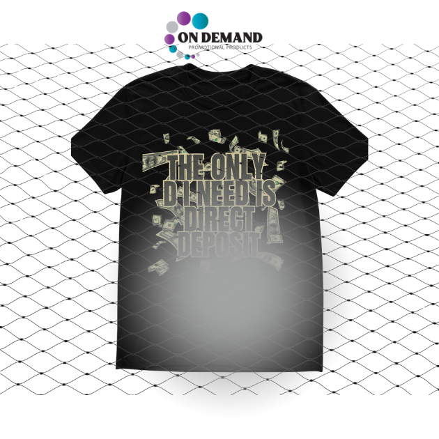 Black t-shirt with text design on a white background