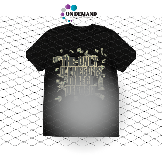 Black t-shirt with text design on a white background