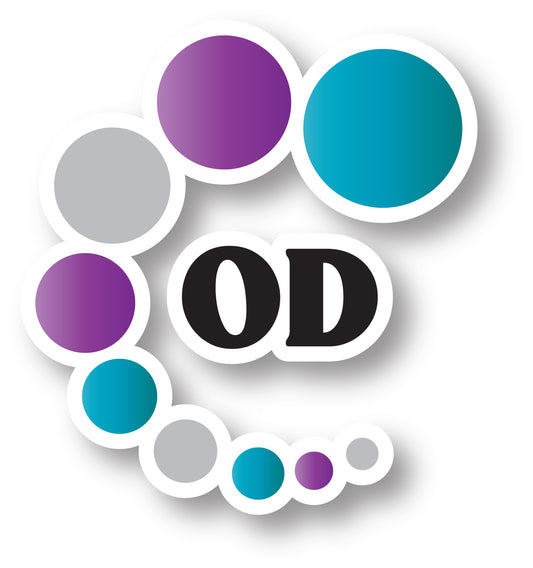 A die-cut sticker with a colorful background featuring various colored circles and the letters 'OD' in the center.